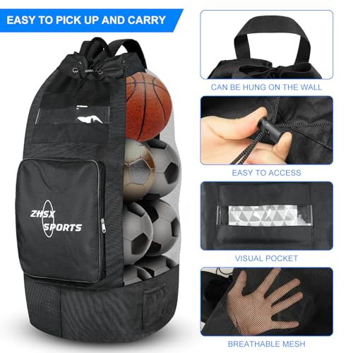 Soccer Ball Bag,Large Mesh Ball Bag Sports Equipment Net Bag With Drawstring Closure Shoulder Strap and Oversized Front Pocket Storage Basketball,Volleyball,Football Accessories