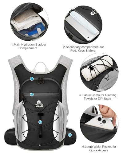 Hydration Backpack with 2L Water Bladder - Lightweight 15L Daypack with Phone-Sized Hip Belt Pockets, Anti-Chafe Cotton Edging & No-Bounce Straps - Small Water Backpack for Hiking, Running, Skiing - color: Black