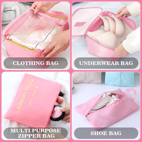 8 Set Packing Cubes for Travel Luggage Packing Bags Reusable Waterproof Suitcase Organizer Cubes Set with Shoe Bag and Toiletry Bag (Pink) - color: Pink