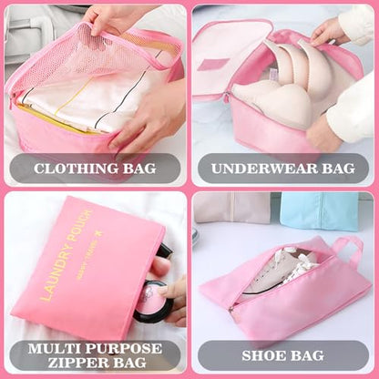 8 Set Packing Cubes for Travel Luggage Packing Bags Reusable Waterproof Suitcase Organizer Cubes Set with Shoe Bag and Toiletry Bag (Pink) - color: Pink