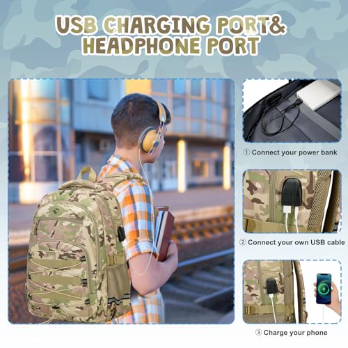 ACESAK Camo Backpack for Boys, Tactical Kids Backpack Boys, School Bags for Boy Children Teens Kids Elementary Middle High School, Military Bookbag and Lunch Bag Pencil Case Set with USB Charging Port - color: Khaki Camo