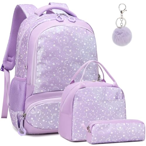 Girls Backpack for Elementary Kids School Bookbag Set Cute Unicorn Backpacks for Girls Water Resistant - color: Glitter Star Purple