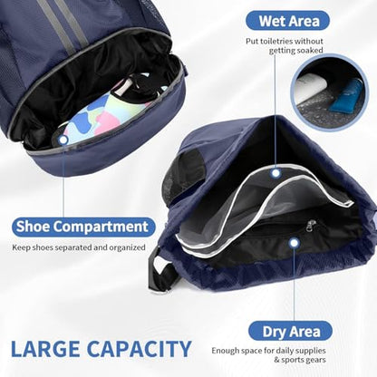Drawstring Backpack Gym Bag with Shoe Compartment - Ideal for Basketball, Swimming, Beach Activities, Unisex - color: Navy Blue