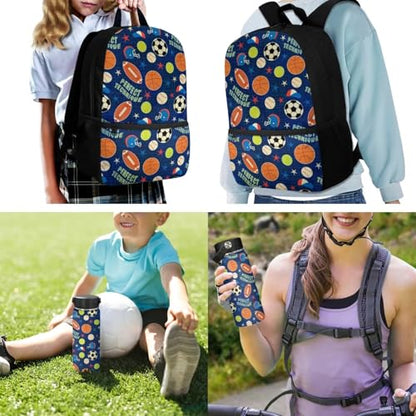 ZOUTAIRONG Backpack and Small Thermos with Carry Handle School Bags for Girls, Baseball Basketball Soccer Print Large Capacity & Lightweight Bookbag with Side Pockets - color: Baseball Basketball Soccer