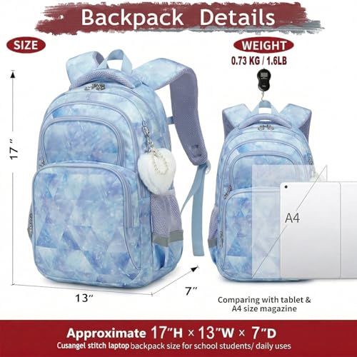 Cusangel School Backpcak for kids Girls Boys,16 Inch BookBag for 7-12Ages Day travel, Water Resistant, 7 Pockets, stitch Adjustable Chest Strap, Reflective Strip, Large (Blue-17in) - color: Blue-17in