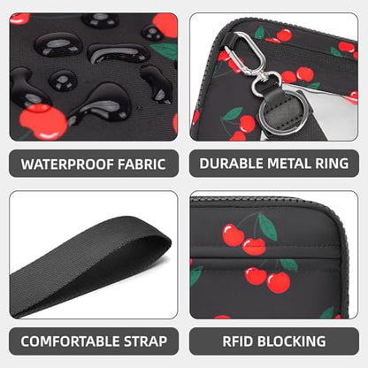 FODOKO Wristlet wallets for women Nylon Quilted Wallet with 4 Zippers,Travel Credit Card,Holder Cell Phone Organizer - color: Cherry