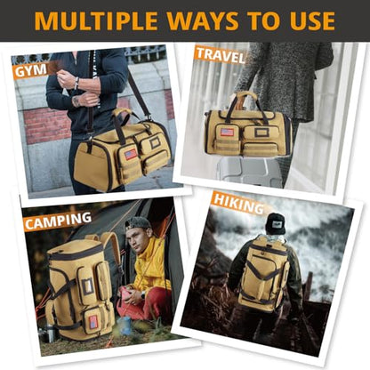 Expandable Gym Bag For Men,Tactical Large 3 in 1 Sports Duffle Bag With Shoes Compartment,Water Resistant Sports Gym Tote Bags Multi-functional Weekend Travel Backpack Overnight Bag - color: Brown