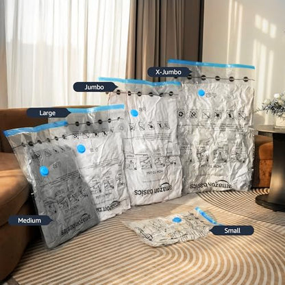 Amazon Basics Vacuum Storage Bags, Compression Space Saving for Clothes and Linens, Reusable with Hand Pump, Large, Clear, 5-Pack - size: Large