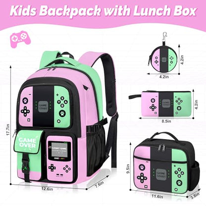 Gamer Backpack for Girls, 4pcs Gaming Girls Backpack with Lunch Box and Pencil Case for Kids, Video Gamer School Bags - color: Multicolor