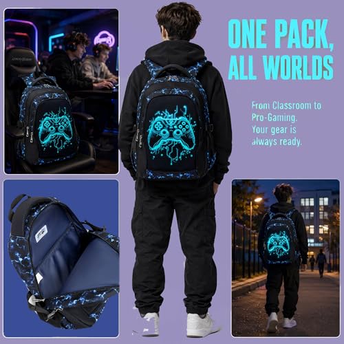 Jumpopack Gamer Boys Backpack Luminous School Backpacks for Boys Elementary School Bag Bookbag Kids Backpack with Lunch Box,Luminous Gamer Print - color: Luminous Gamer