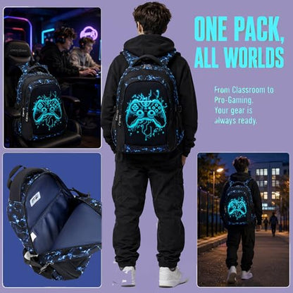Jumpopack Gamer Boys Backpack Luminous School Backpacks for Boys Elementary School Bag Bookbag Kids Backpack with Lunch Box,Luminous Gamer Print - color: Luminous Gamer