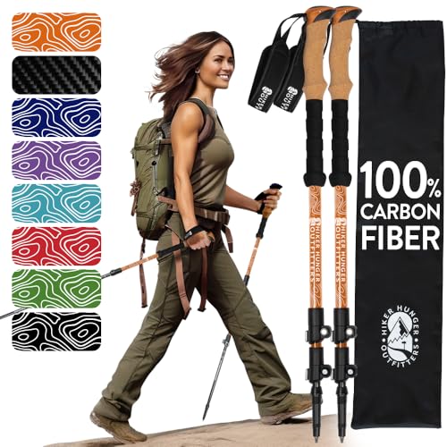 100% Carbon Fiber Trekking Poles by USA Brand - Ultra Strong Lightweight Collapsible Hiking Poles with Cork and EVA Foam Grips & Quick Adjustable Flip Locks - color: Cork - Orange