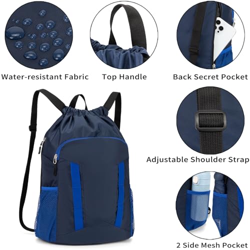 Drawstring Backpack Bag, Sport Gym Sackpack with Shoes Compartment - color: Dark Blue