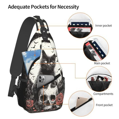 Sling Backpack Unisex Crossbody Chest Bag Shoulder Chest Bag For Women Men Hiking Travel - color: Cat Skull
