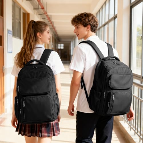 School Backpack for Women Men Lighweght Middle School Bookbag Casual Daypack Classic Collge High School Backpack Waterproof Travel Daypack - color: Black