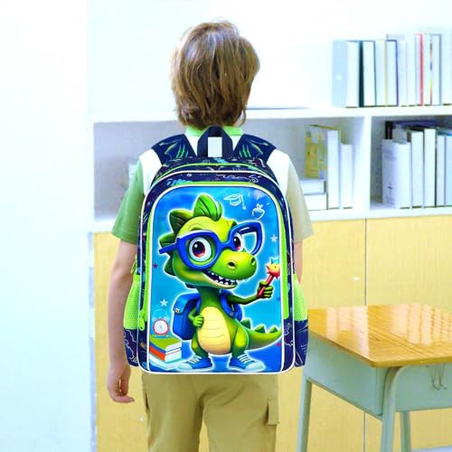 16" Dinosaur Backpack for Boys, 3Pcs Bookbag with Lunch Box, Kids School Backpacks Set for Elementary Preschool Kindergarten (Green) - color: Dinosaur Blue