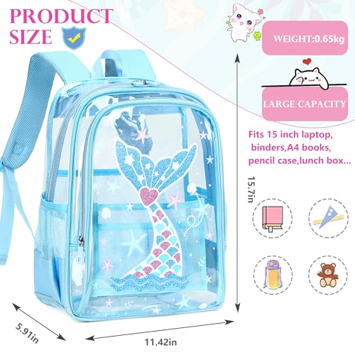 AO ALI VICTORY Clear Backpack for School,PVC Transparent Kids Bookbag for Girls Boys Cute Toddler Back Pack Kindergarten Elementary Schoolbag Stadium Approved See Through Backpacks, Blue Mermaid - color: Blue Mermaid