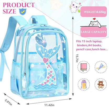 AO ALI VICTORY Clear Backpack for School,PVC Transparent Kids Bookbag for Girls Boys Cute Toddler Back Pack Kindergarten Elementary Schoolbag Stadium Approved See Through Backpacks, Blue Mermaid - color: Blue Mermaid