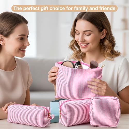Sanwuta 4 Pcs Seersucker Pouch Cosmetic Bag Set Seersucker Makeup Bag Women Stripe Large Travel Toiletry Organizer Aesthetic Preppy Storage for Embroidery Women Bridesmaid Gifts(Pink) - color: Pink