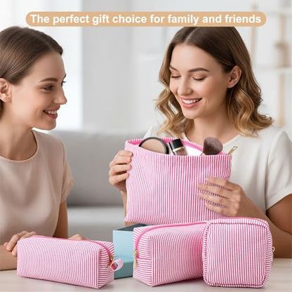 Sanwuta 4 Pcs Seersucker Pouch Cosmetic Bag Set Seersucker Makeup Bag Women Stripe Large Travel Toiletry Organizer Aesthetic Preppy Storage for Embroidery Women Bridesmaid Gifts(Pink) - color: Pink