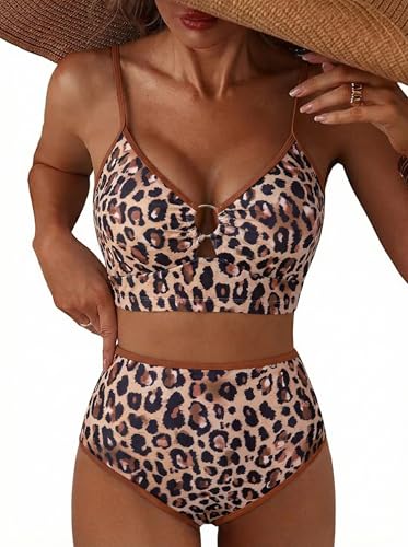 Herseas Women's O Ring Bikini Sets 2 Pieces Floral Print Swimsuits High Waisted Bathing Suits - color: Brown Leopard, size: X-Small