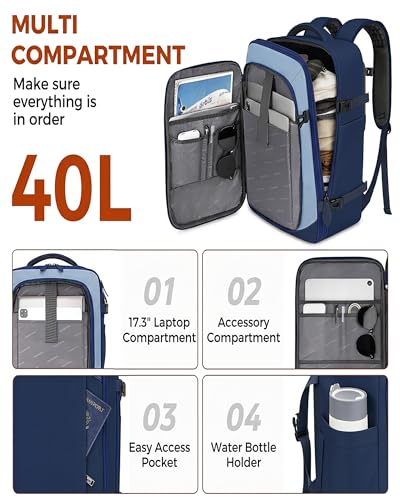 Vancropak 40L Carry On Travel Backpack, Flight Approved Expandable Weekender Bag with 3 Packing Cubes, Suitcase Backpack Fits 17" Laptop, Water Resistant Anti Theft Daypack Bag for Men Women, Blue - color: Blue