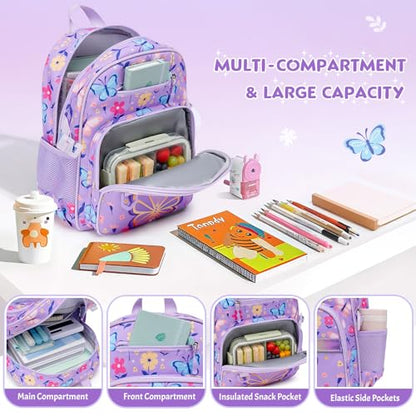 Toddler Backpack for Girls Ages 5-8, 3PCS Girls Backpack with Lunch Bag & Pencil Case - 15inch Kids School Bookbag for Preschool Kindergarten Elementary School (Purple Butterfly) - color: Purple Butterfly