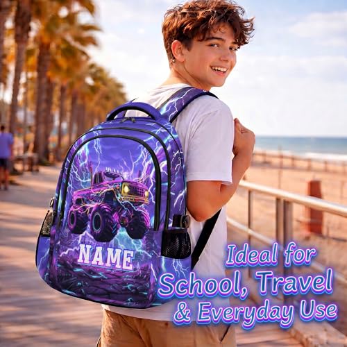 Personalized Backpacks Boys School Backpack for Kids Teen Truck Lovers, Custom Large Capacity Car Bookbag for Students Travel Camping Casual - color: Purple