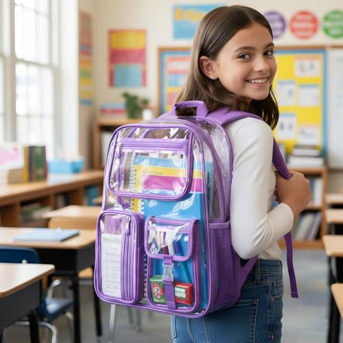 Cusangel Heavy Duty Clear Backpack,16.5 x12 x5inch TPU Large Capacity See Through Backpack for Sport Events,Travel (Dark Purple) - color: Dark Purple