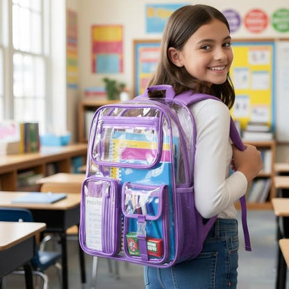 Cusangel Heavy Duty Clear Backpack,16.5 x12 x5inch TPU Large Capacity See Through Backpack for Sport Events,Travel (Dark Purple) - color: Dark Purple