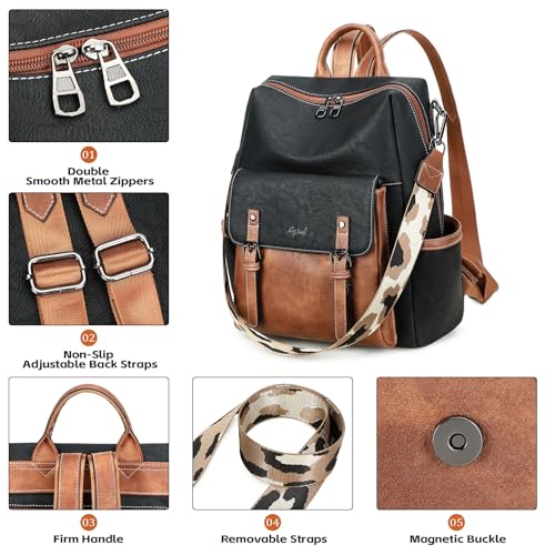 AGLOD Backpack Purse for Women PU Leather Back Packs Designer Ladies Shoulder Bag Fashion Faux Work Travel Handbags - color: Black-brown
