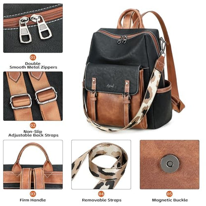 AGLOD Backpack Purse for Women PU Leather Back Packs Designer Ladies Shoulder Bag Fashion Faux Work Travel Handbags - color: Black-brown