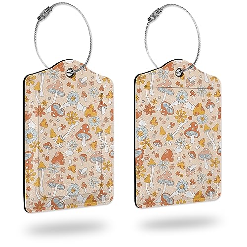 2 Pack Luggage Tags for Suitcases,Vintage Cute Hippie Mushroom Flower Luggage Tag,Leather Stainless Steel Loop Label Tag for Women Men Girls Travel Bag Suitcase - color: Vintage Cute Hippie Mushroom Flower
