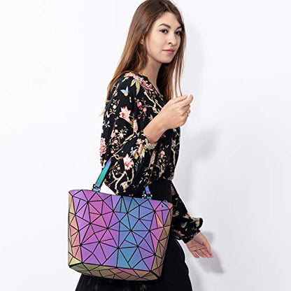 LOVEVOOK Geometric Luminous Purses and Handbags for Women Holographic Reflective Crossbody Bag Wallet - color: Handbag + Wallet