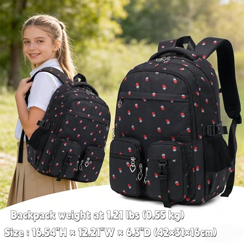 Girls Backpack Lightweight Bookbags for High School Laptop Backpack For College Women Big Student Daypack Casual (Strawberry-Black) - color: Strawberry-black