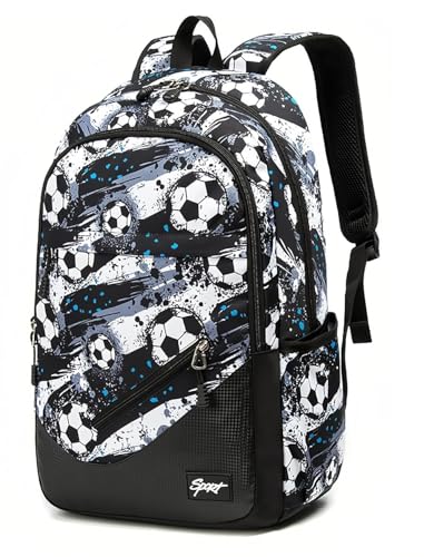 Soccer-Print Boys Backpack for School Kids Bookbag for Elementary Football Bag for Teens - color: Style B-football Black 01, size: Style B-No USB Port