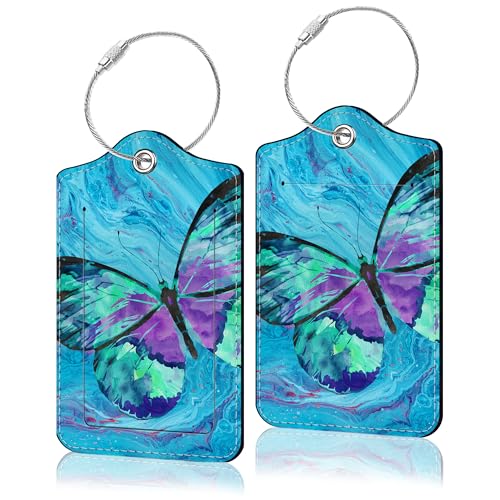 2 Pack Luggage Tag for Suitcase, Cute Unique Leather Suitcase Tags Identifiers with Privacy Name Address Labels & Durable Steel Loop for Women Men Travel - color: Blue Butterfly