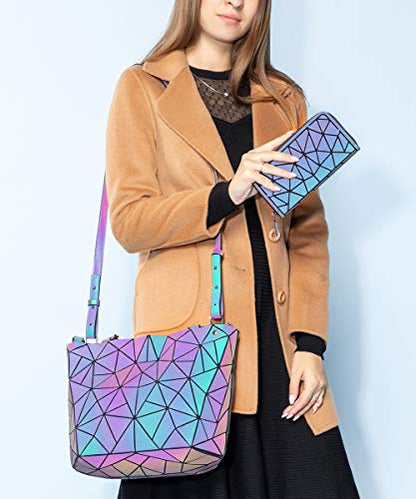 LOVEVOOK Geometric Luminous Purses and Handbags for Women Holographic Reflective Crossbody Bag Wallet - color: Handbag + Upgraded Zipper Wallet