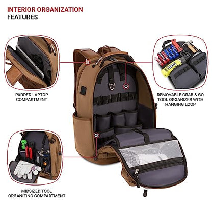 SwissGear Tool Bag Backpack, Fits Up to 17-Inch Laptop, Work Pack PRO, Brown Canvas - color: Brown Canvas, size: Large