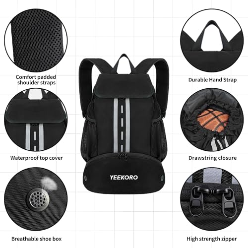 Soccer Backpack Multifunctional Sport Gym Bags with Dry-wet Separate & Shoe Compartment for Basketball Volleyball - color: Basic - deep black