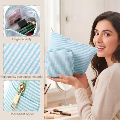 Sanwuta 4 Pcs Seersucker Pouch Cosmetic Bag Set Seersucker Makeup Bag Women Stripe Large Travel Toiletry Organizer Aesthetic Preppy Storage for Embroidery Women Bridesmaid Gifts(Light Blue) - color: Acid Blue