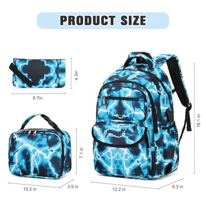 Bevalsa Backpack for Boys, Lightning School Bags with Lunch Bag & Pen Case for Kids, Bookbag for Boys Teens Elementary Middle High School - color: Green