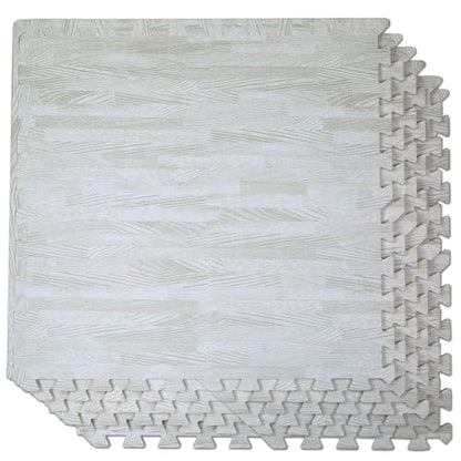 100 Sq. Ft 3/8 Inch Thick Printed Foam Tiles Interlocking Foam Mat, 24" x 24", 25 pcs, White Wood Grain Style Protective Flooring, for Home, Exercise or Trade Show - color: White Wood Grain