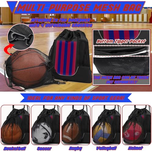 STAY GENT Drawstring Basketball Backpack for Boys, Foldable Soccer Backpack Gym Bag Sackpack Sports Sack with Detachable Ball Mesh Bag for Volleyball Baseball Yoga - color: Blue Red