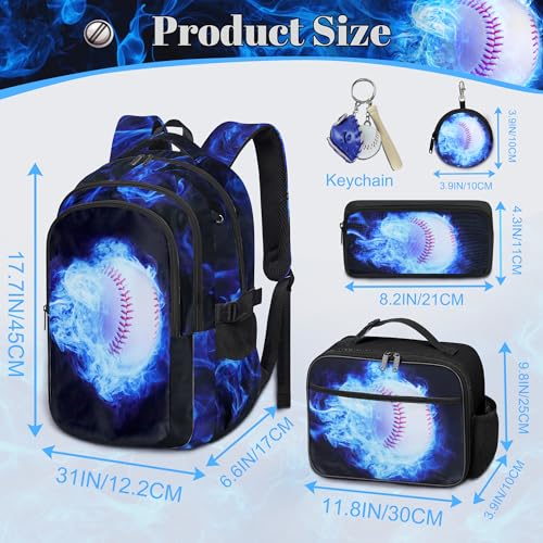 Boys Baseball Backpack with Lunch Box, Kids Backpack Set for School, 17inch Bookbag with Pencil Case Coin Purse Blue - color: Baseball Blue