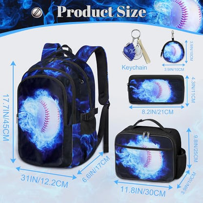 Boys Baseball Backpack with Lunch Box, Kids Backpack Set for School, 17inch Bookbag with Pencil Case Coin Purse Blue - color: Baseball Blue
