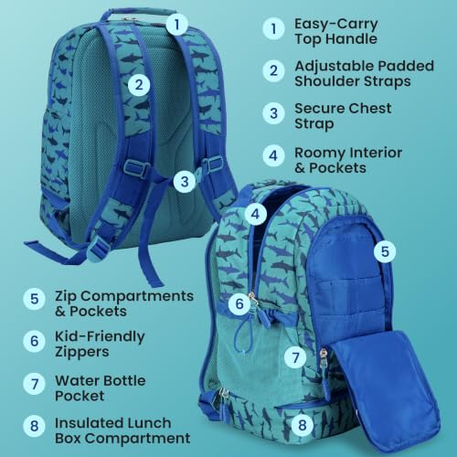 Bentgo Kids 2-in-1 Backpack & Insulated Lunch Bag - Durable 16” Backpack & Lunch Container in Unique Prints for School & Travel - Water Resistant, Padded & Large Compartments (Shark) - color: Shark