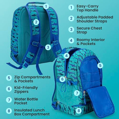 Bentgo Kids 2-in-1 Backpack & Insulated Lunch Bag - Durable 16” Backpack & Lunch Container in Unique Prints for School & Travel - Water Resistant, Padded & Large Compartments (Shark) - color: Shark