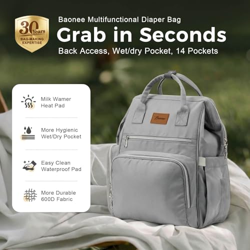 Diaper Bag Backpack, Large Capacity Baby Bag with Waterproof Changing Pad, Wet/Dry Pocket, Insulated Bottle Pockets, Stroller Straps and Luggage Sleeve, Unisex for Mom and Dad, 27L Grey - color: Grey, size: Large