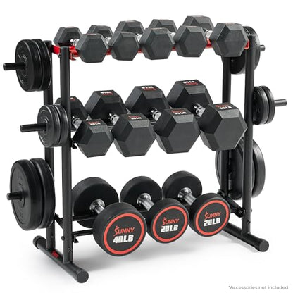 Sunny Health & Fitness Multi-Weight Storage Rack Stand for Dumbbells, Kettlebells, Olympic Weight Plates, Barbell, Medicine Ball - style: 3-Tier Rack